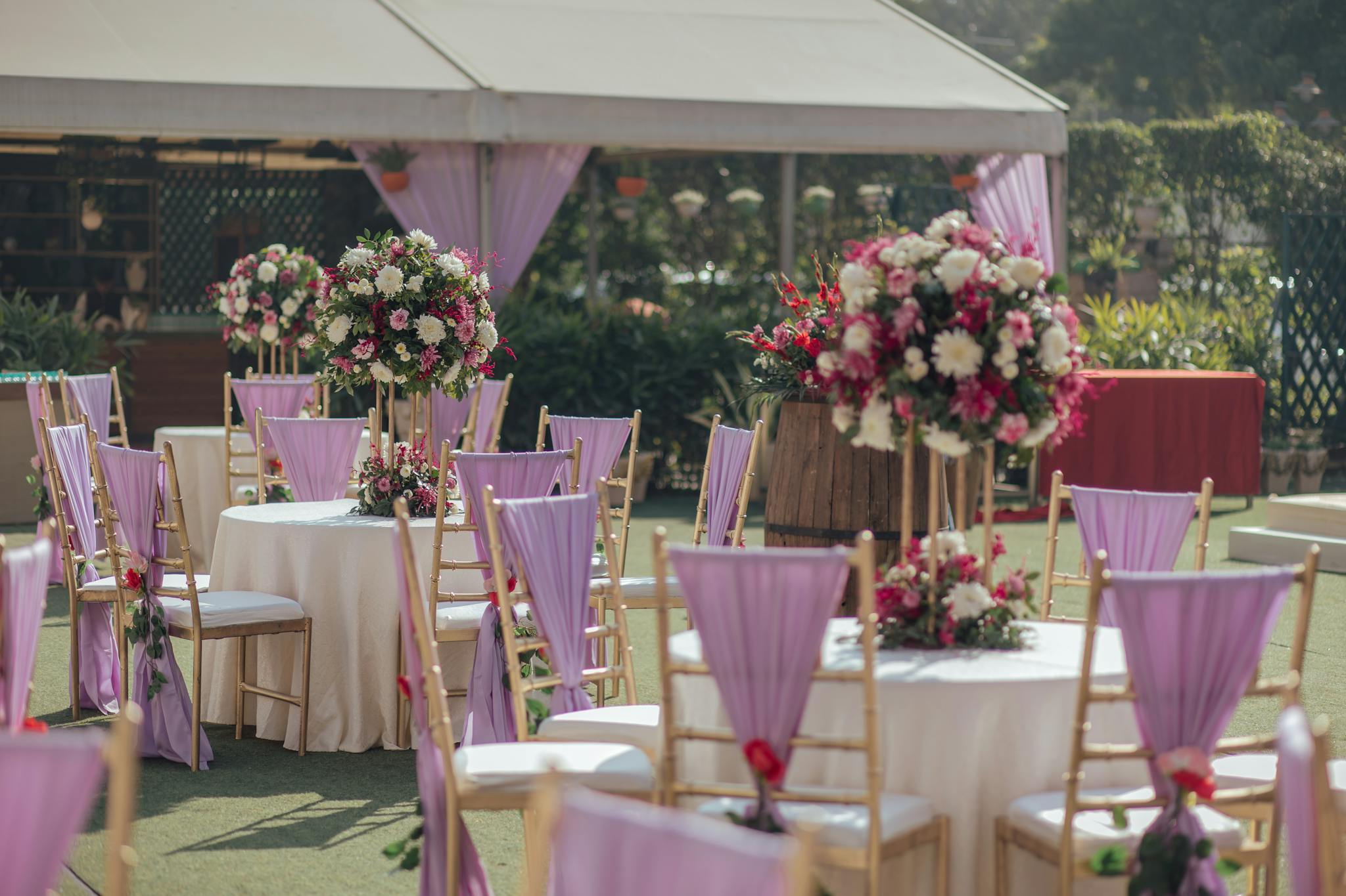 Charming outdoor wedding setup with floral arrangements and decorated chairs, perfect for a spring celebration.